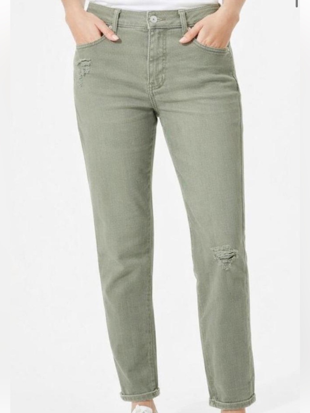 Loft Women's Olive Green Distressed Cropped Straight-Leg Jeans - Picture 1 of 9